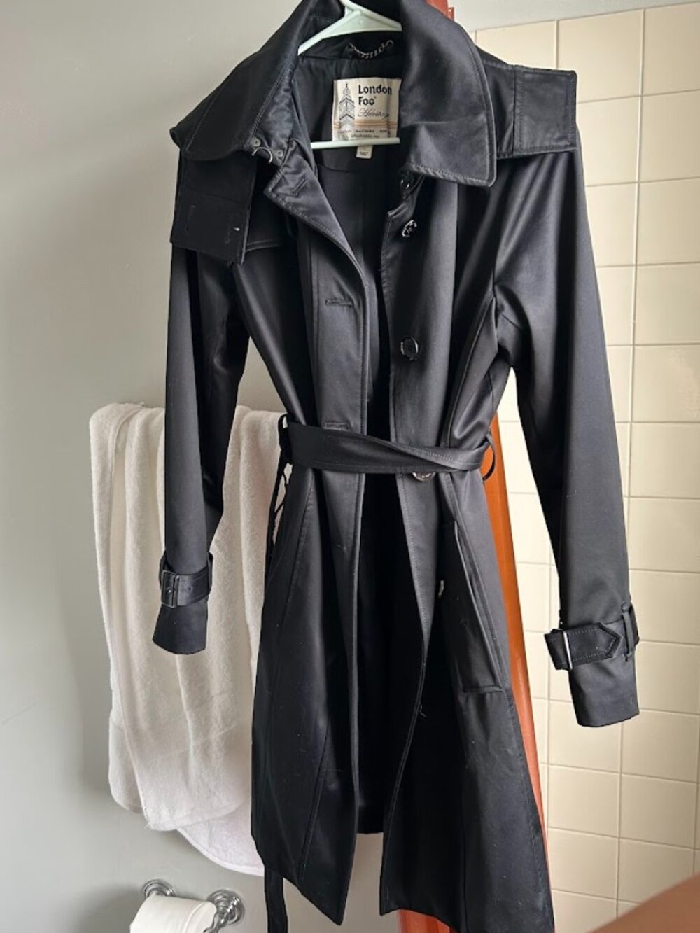London Fog Trench Coat, black, with hood, raincoat